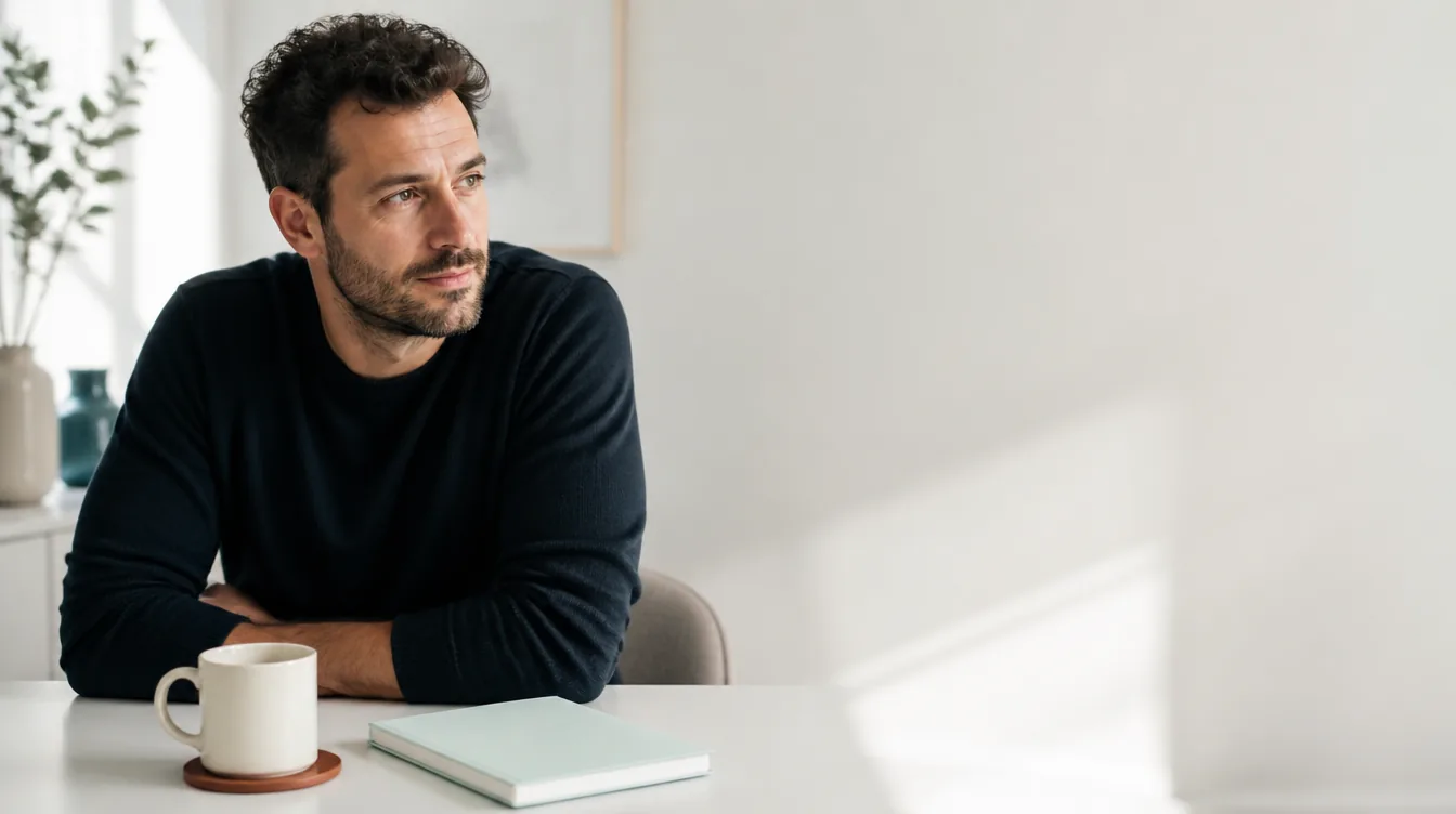 A man in his late 30s with natural realistic skin sitting at a home-office desk with a ceramic coffee mug, leaning forward with alert, focused energy, a pale mineral teal notebook beside
