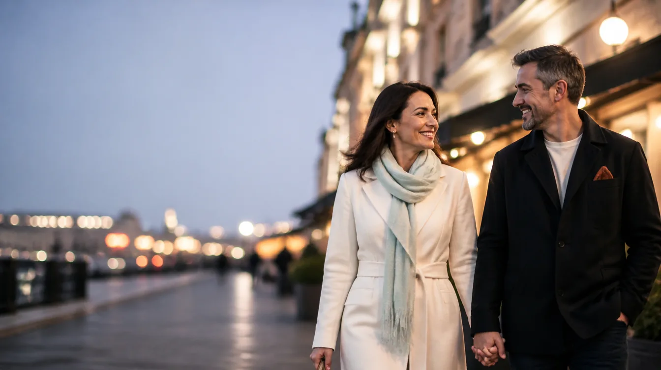 A couple in their late 30s with natural realistic skin walking hand in hand down a softly lit street on a date-night stroll, both smiling at each other
