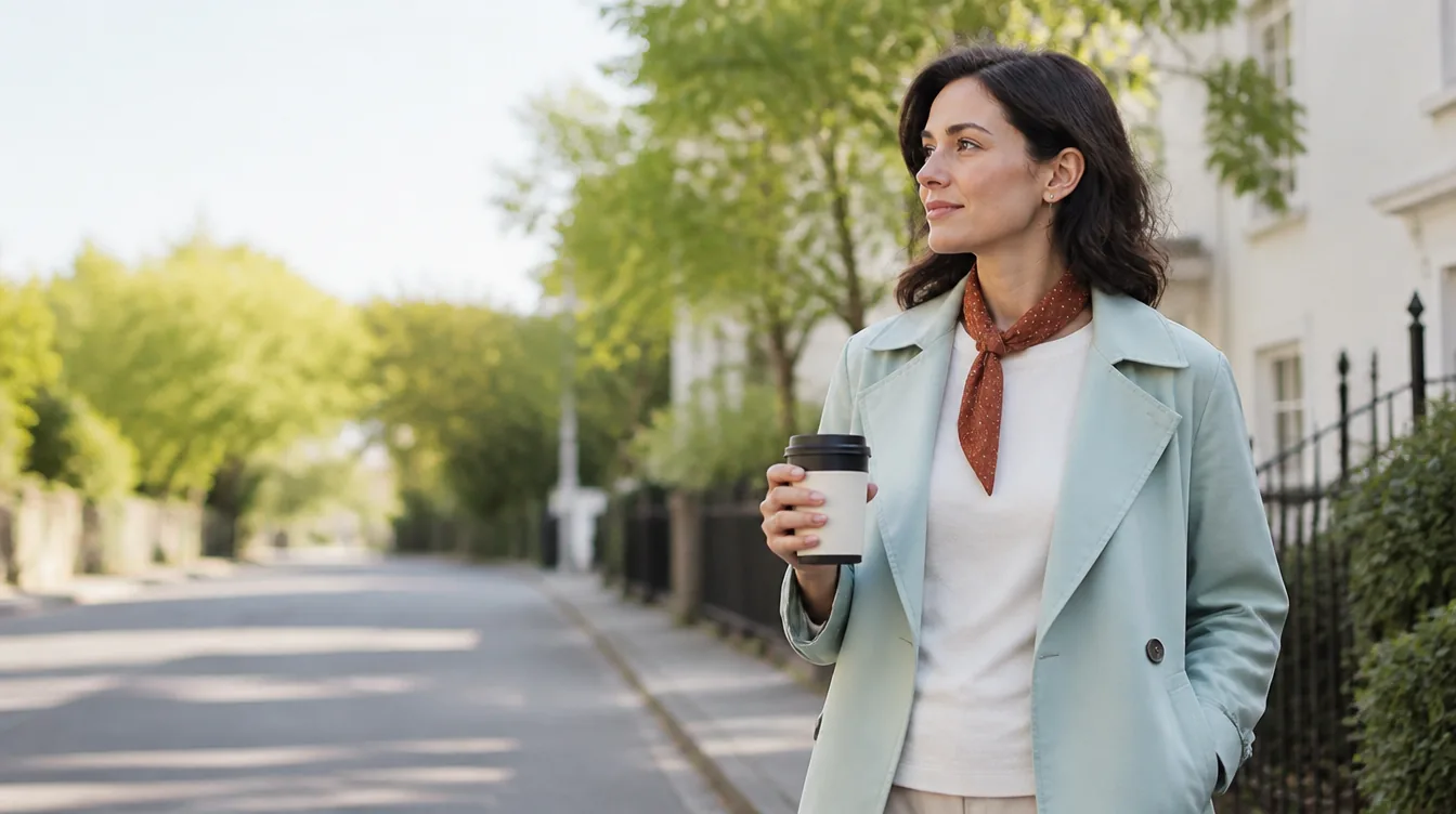 A woman in her mid-30s with natural realistic skin walking a tree-lined residential street with a reusable cup in hand, exhaling calmly