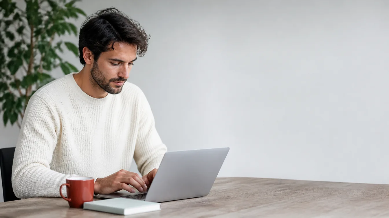 A man in his early 30s with natural realistic skin in a state of relaxed focus at a home-office desk, typing on a laptop, wearing a warm near-white sweater