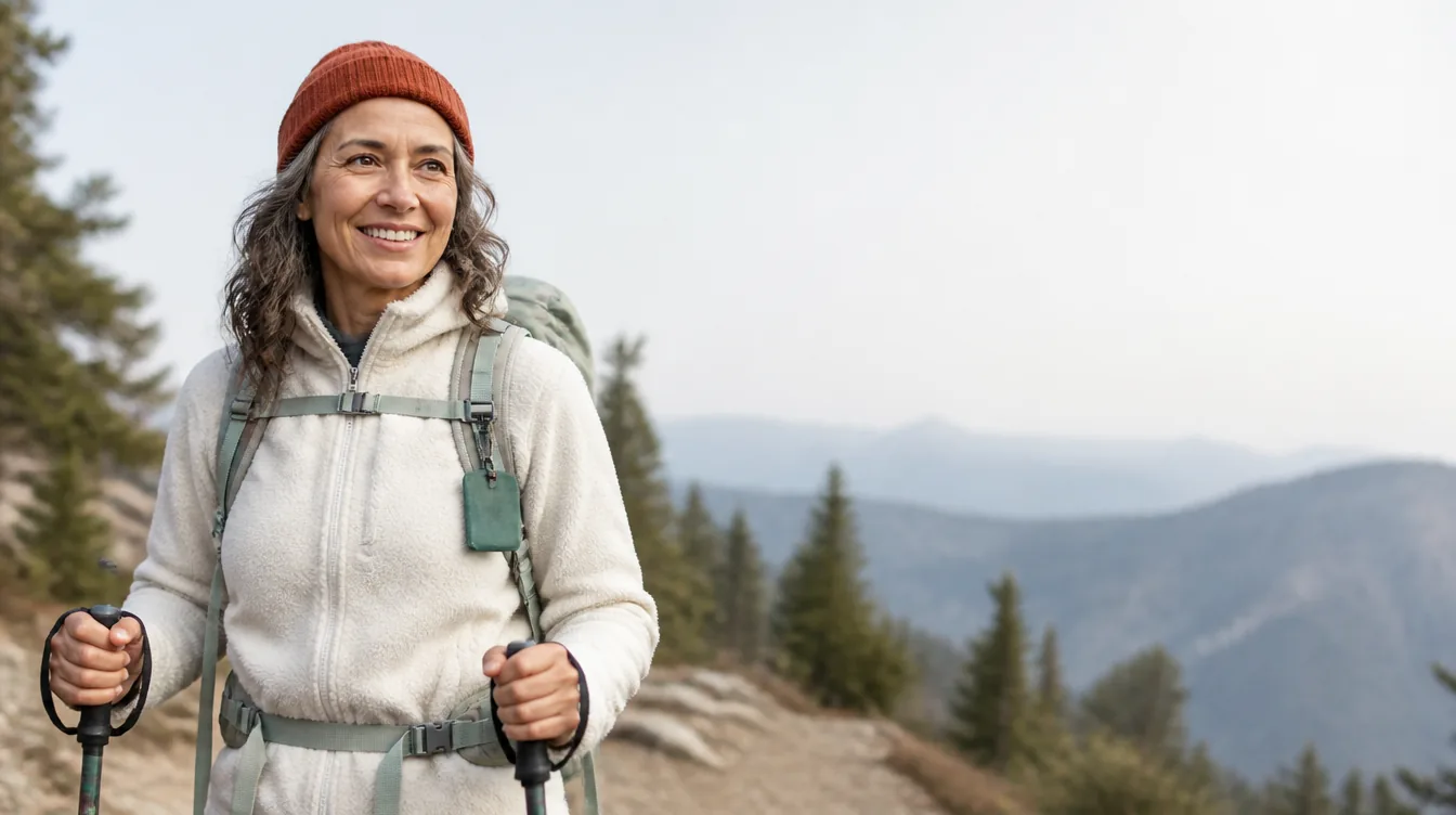 A woman in her early 50s with natural realistic skin smiling on a forest hiking trail, trekking poles in hand, wearing a warm near-white fleece with a pale mineral teal daypack