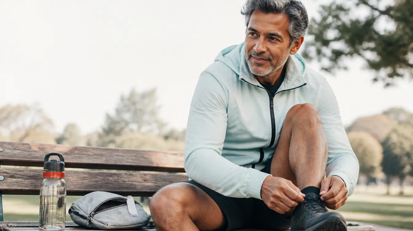 A man in his early 50s with silver-flecked hair and medium skin tone, natural realistic skin texture, in a pale mineral teal running jacket, sitting on a wooden park bench tying his trail shoe