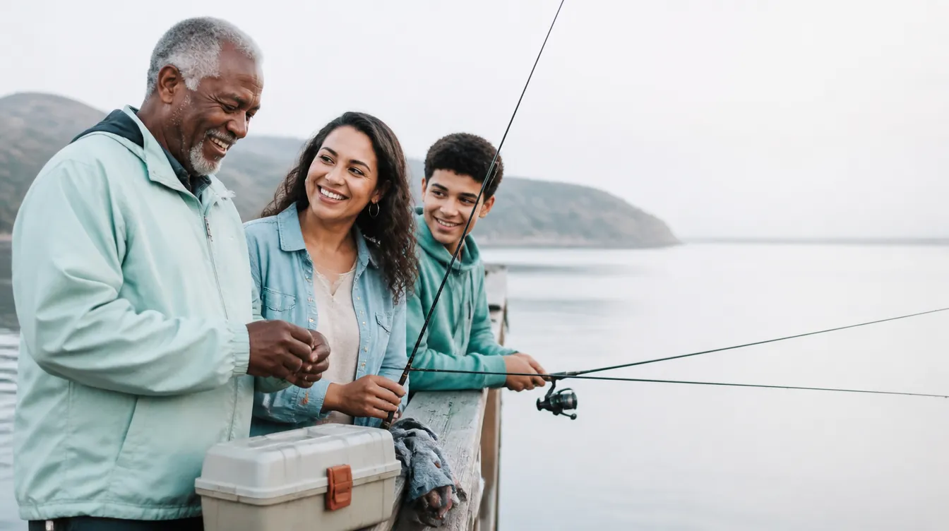 A diverse multi-generational group — a Black grandfather in his 60s, his adult Latina daughter, and a teenage grandson — laughing together as they ready fishing rods at