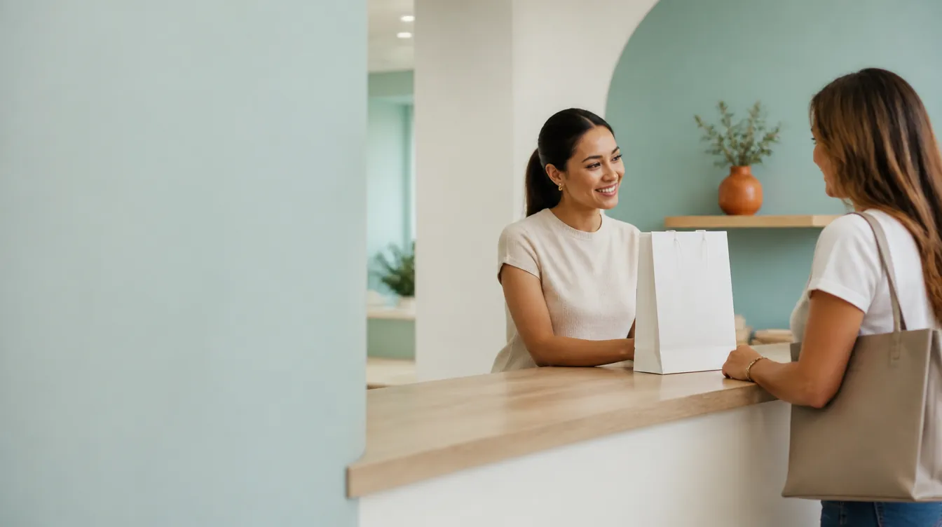A warm retail moment at a bright med-spa front desk — a receptionist in smart casual attire chatting warmly with a client across a light-oak counter, both smiling