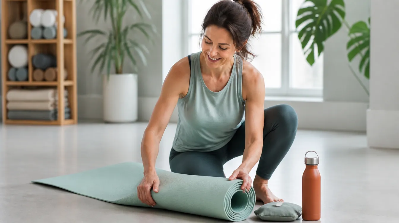 A woman in her late 30s with light olive skin and natural realistic skin texture, in a warm near-white yoga top with a pale mineral teal headband