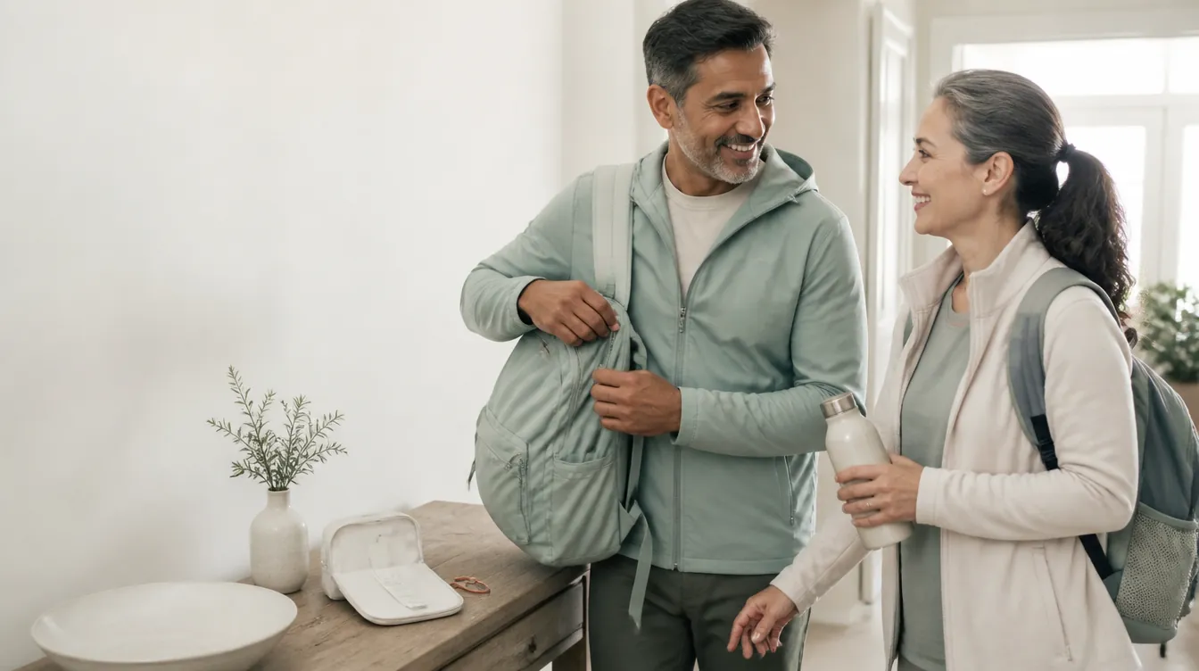 A couple in their early 50s, he with medium-brown skin and she with light skin and gray-streaked hair, both with natural realistic skin texture