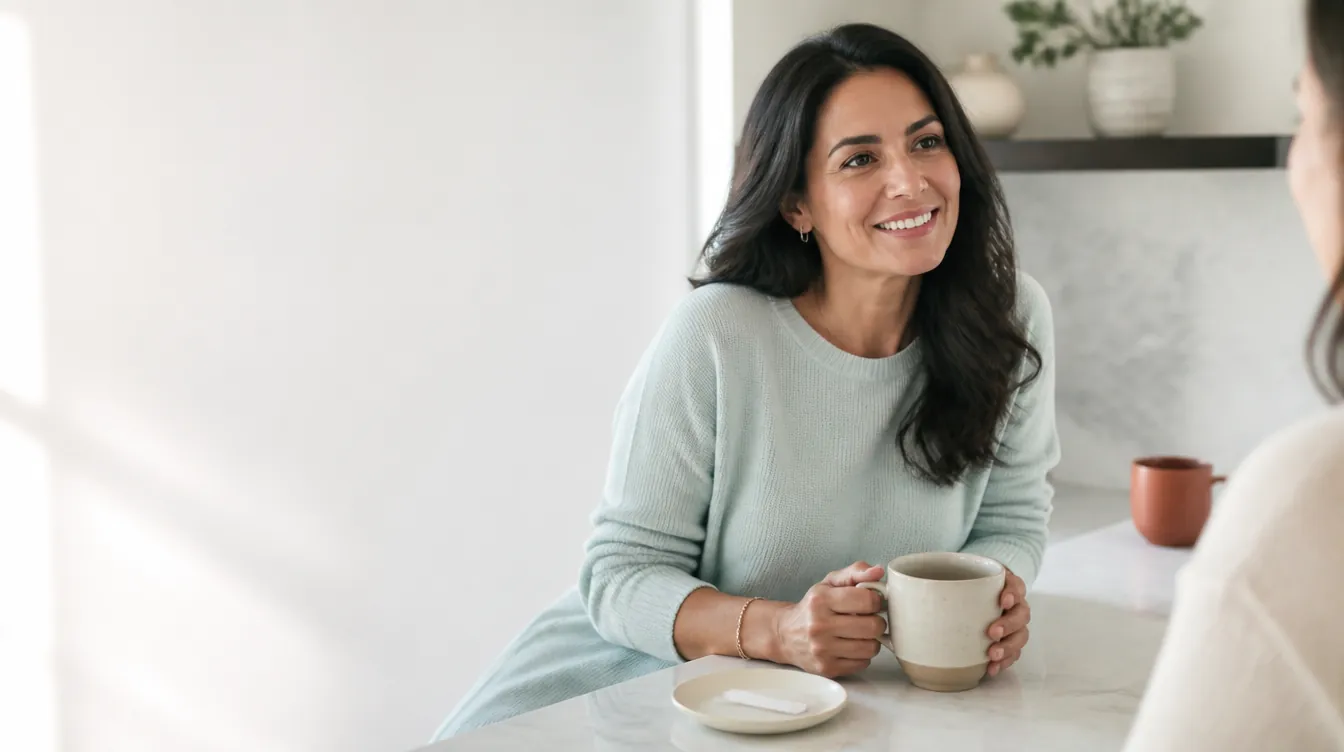 A woman in her early 40s with warm medium skin tone, relaxed genuine smile, sitting at a kitchen counter with a cup