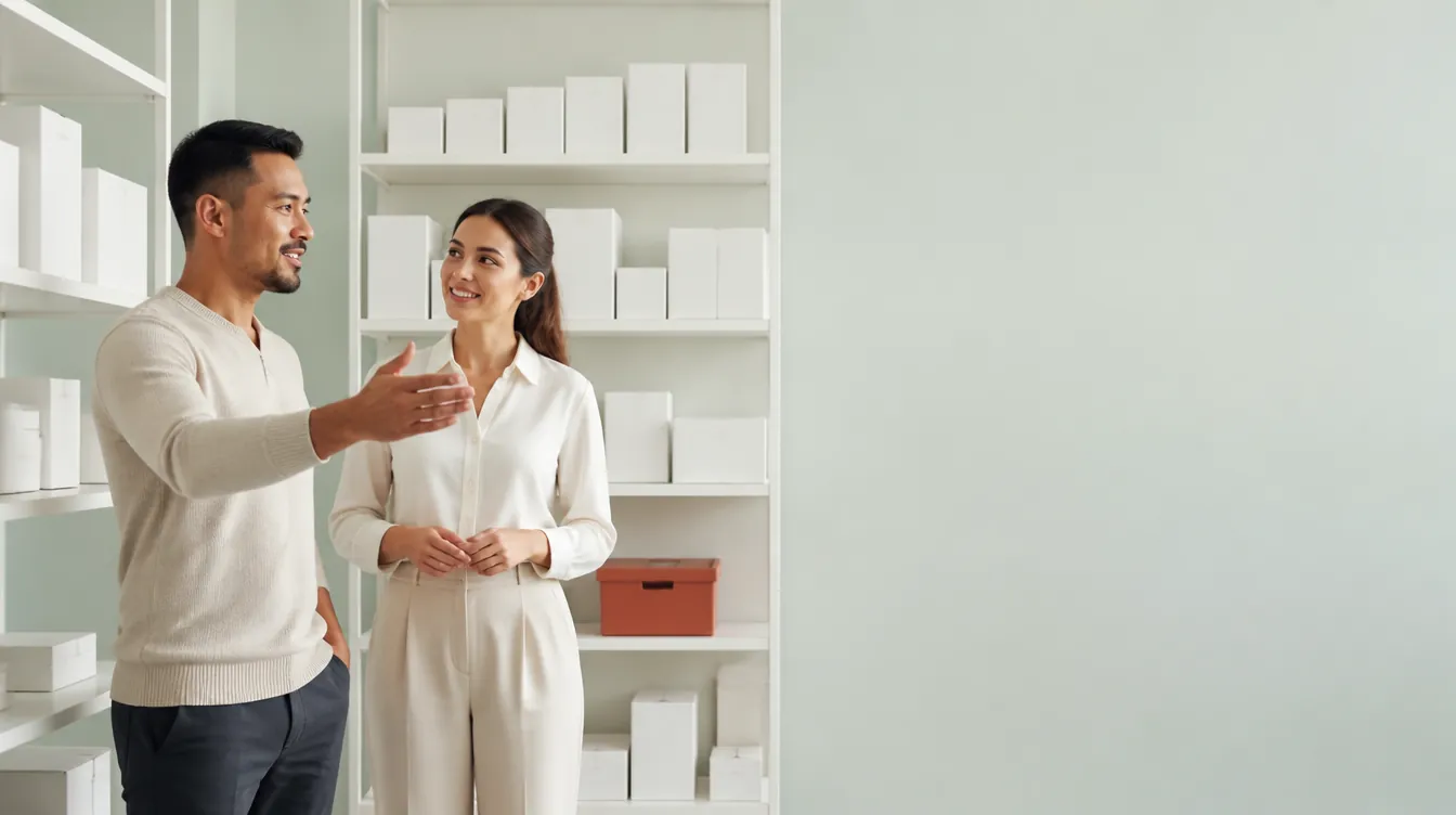 A clinic owner in smart casual attire touring a bright stockroom with a colleague, gesturing toward shelves of plain unmarked matte cartons, both engaged in easy conversation