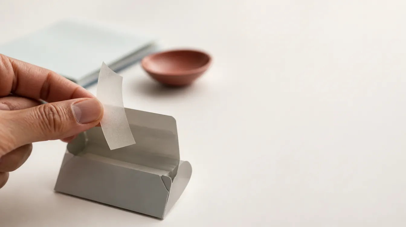 An unbranded matte pale gray carton flap opened on a warm near-white desk, and an anatomically correct adult hand with medium skin tone lifting one plain solid rectangular thin translucent dissolving