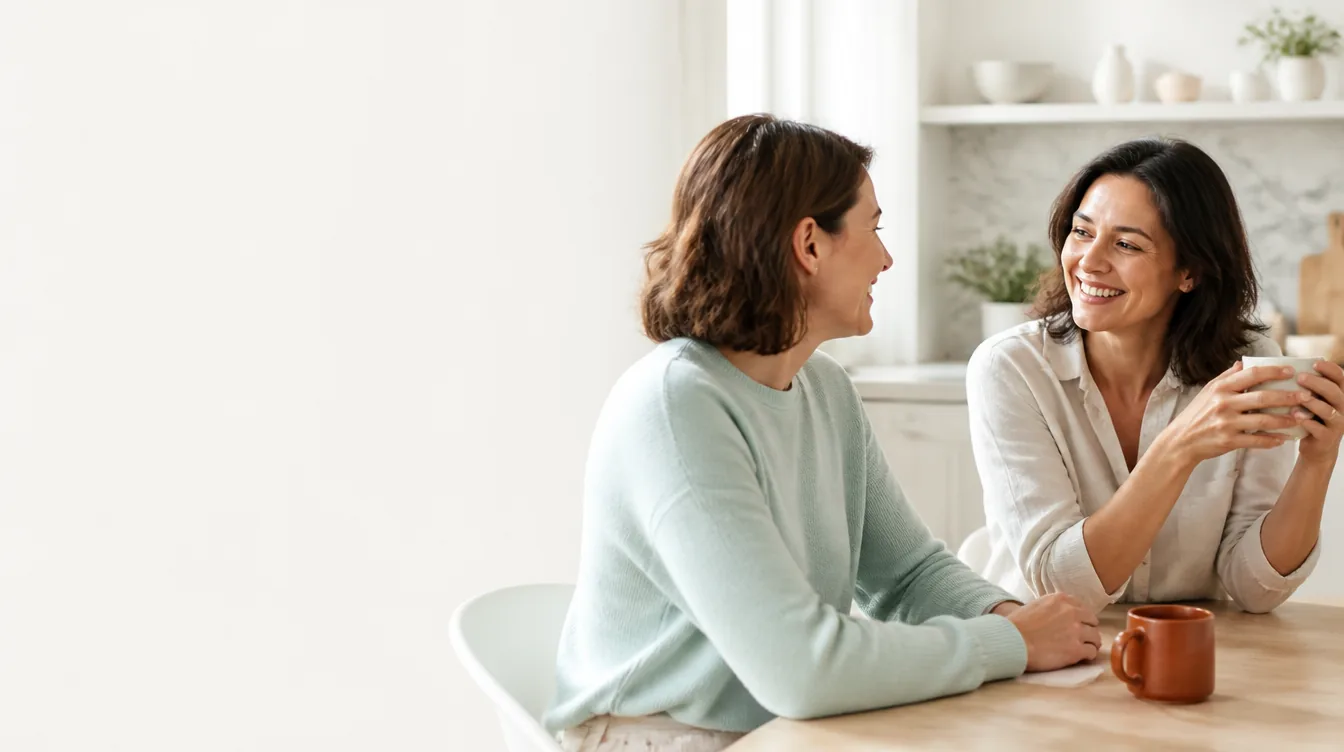 Two friends in their 30s and 40s with natural realistic skin laughing relaxed over coffee at a bright kitchen table, easy comfortable body language, one wearing a pale mineral teal sweater