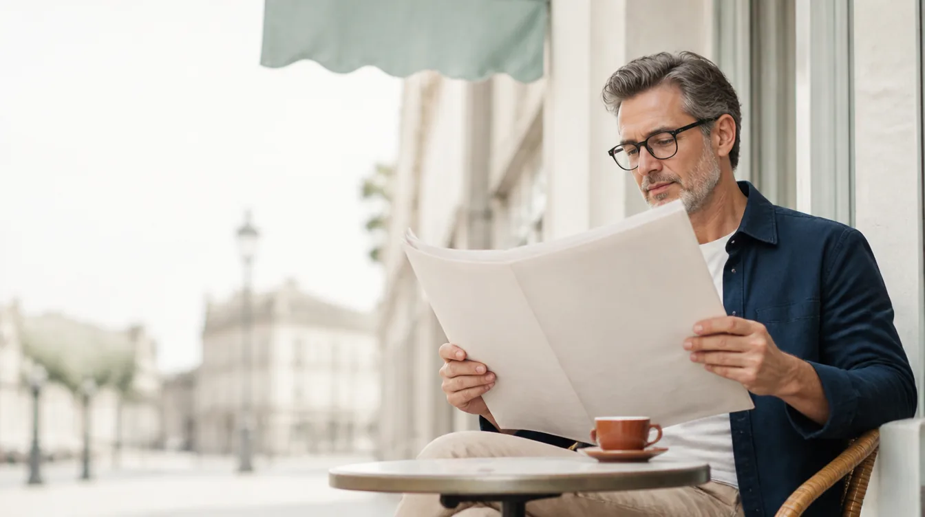 A man in his 50s with natural realistic skin reading a completely blank folded newspaper at a small round table, reading glasses on, thoughtful relaxed expression, unposed, wearing a navy overshirt