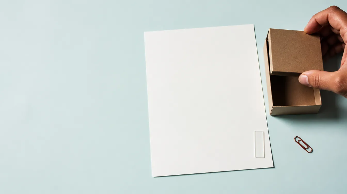 A blank certificate-of-analysis-style document page laid flat on a clean pale mineral teal desk surface
