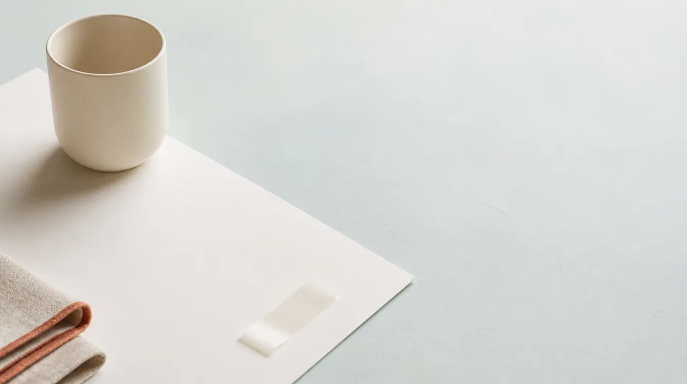 A completely blank unmarked document sheet lying flat, and resting on its lower corner one plain solid rectangular thin translucent dissolving strip with smooth uncut edges, no perforations