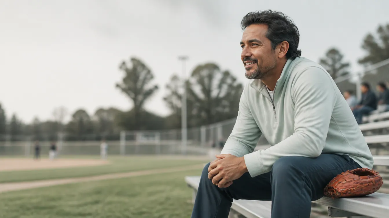 A father in his early 40s with medium skin tone sitting on aluminum bleachers at a kids' baseball game, leaning forward with elbows on knees, watching the field with a warm, engaged smile