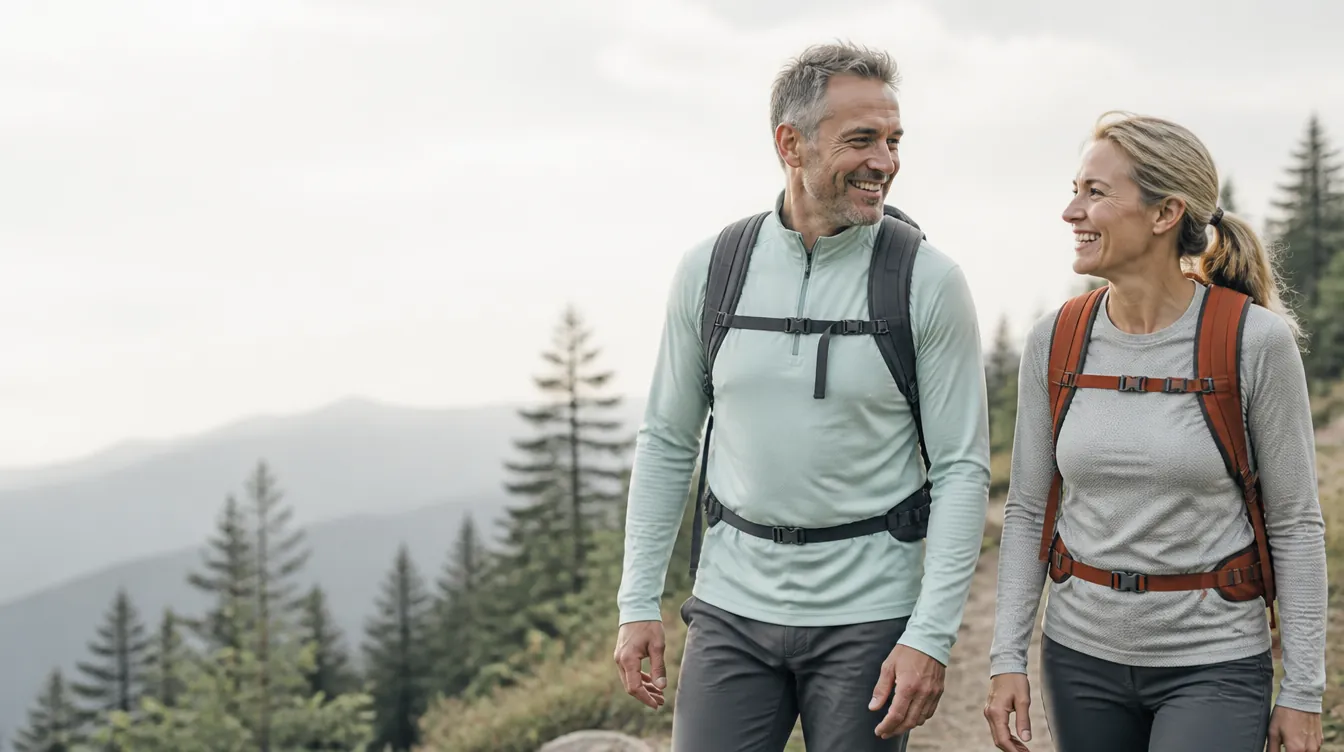 A fit couple in their early-to-mid 50s hiking side by side up a gentle ridge path, natural realistic skin, relaxed athletic energy