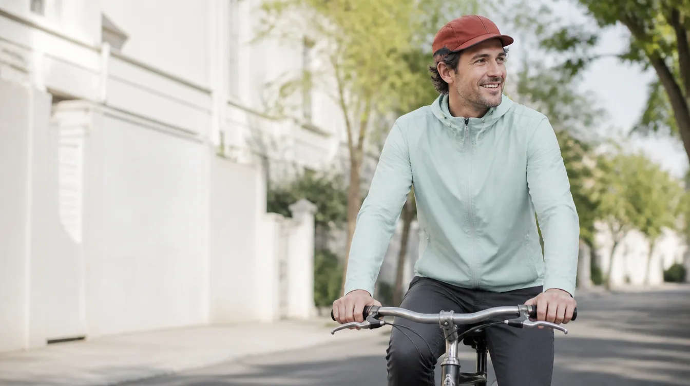 A man in his late 30s with natural realistic skin riding a bicycle along a quiet tree-lined residential street, relaxed upright posture, easy smile, wearing a pale mineral teal jacket