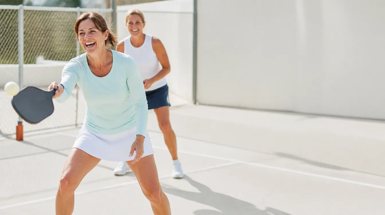 Two women in their 40s with natural realistic skin playing doubles pickleball on an outdoor court, one mid-swing with a paddle, both laughing, one wearing a pale mineral teal athletic top