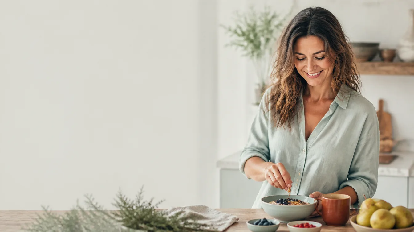 A woman in her early 40s with natural wavy hair smiling comfortably while preparing a fresh breakfast bowl at a wooden counter, relaxed and thriving, natural realistic skin