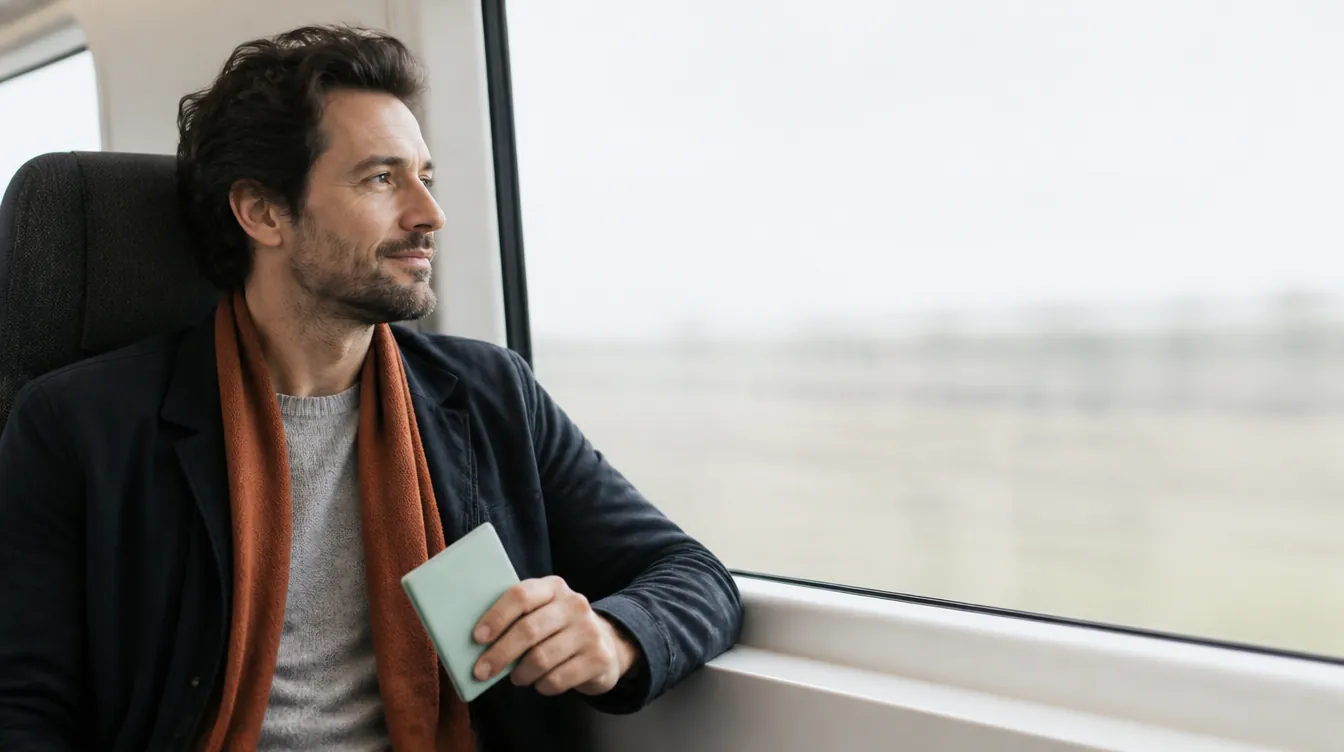 A man in his late 30s with natural skin seated by a train window, calm and focused, a slim unbranded pale mineral teal card case held loosely in one hand