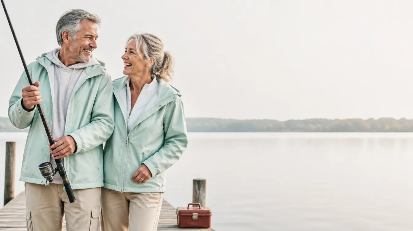 A fit couple in their late 50s standing on a wooden fishing dock, laughing together, one holding a fishing rod, wearing casual layers with a pale mineral teal windbreaker