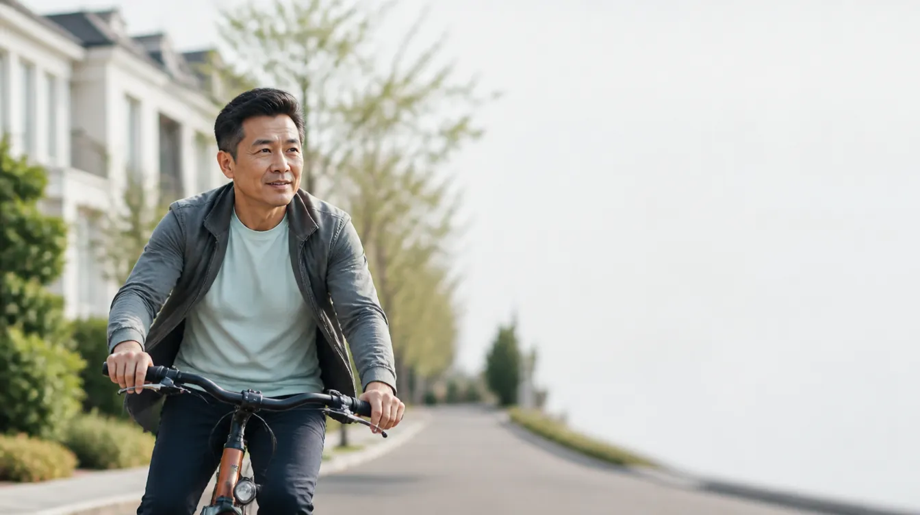 An East Asian man in his early 50s riding a city bicycle along a quiet tree-lined residential street, leaning into an easy pedal with a focused energized expression, natural realistic skin texture