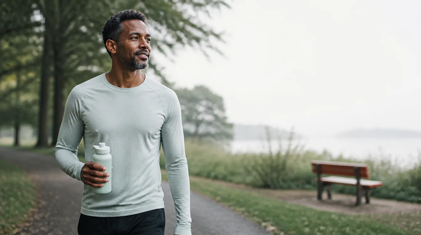 An active man in his early 40s with deep brown skin finishing an easy jog on a tree-lined park path, slowing to a relaxed walk with a calm satisfied expression