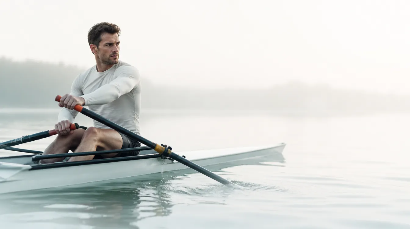 A man in his 30s rowing a single scull on calm water, mid-stroke, focused athletic expression, natural realistic skin, water rippling in pale mineral teal tones around