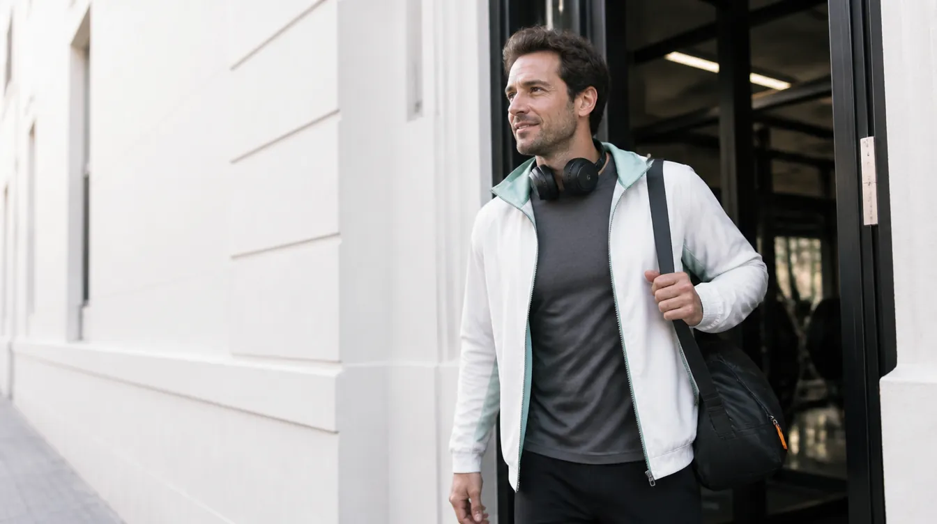 A man in his early 30s with natural skin in a light athletic jacket, gym bag over one shoulder, stepping from a gym doorway onto a city sidewalk mid-morning — the gym-to-work transition