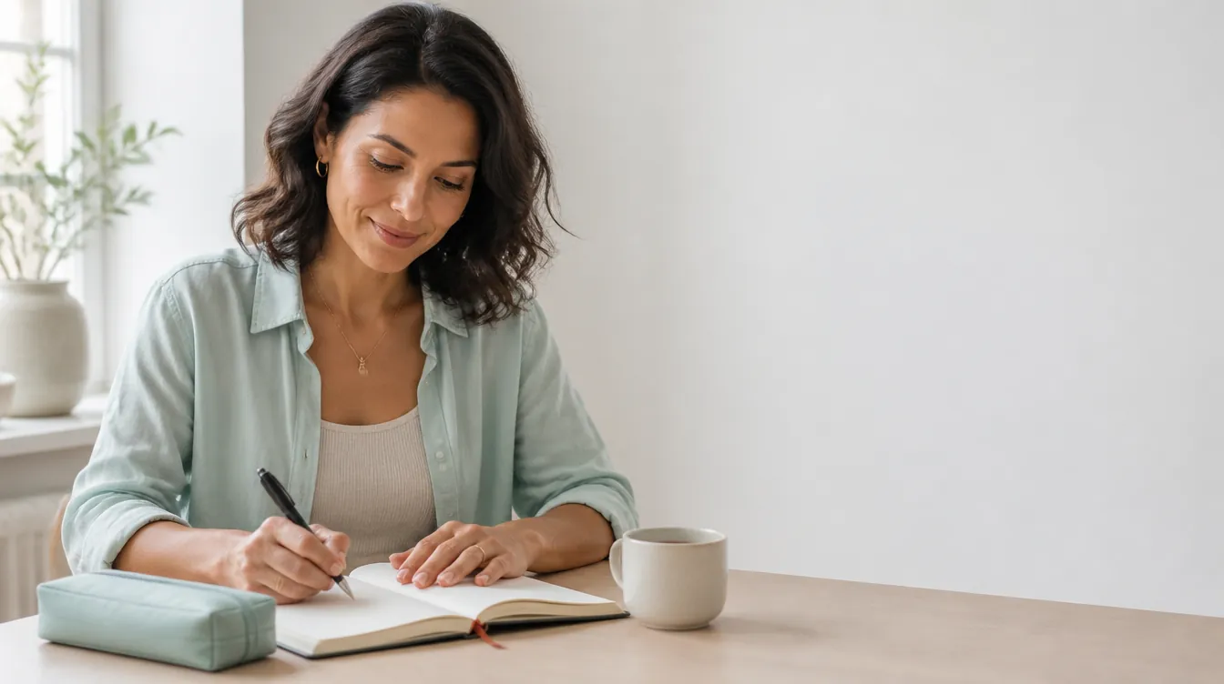 A woman in her late 30s at a bright home-office desk, relaxed and focused, smiling slightly as she writes in a blank-paged notebook, a ceramic mug of tea