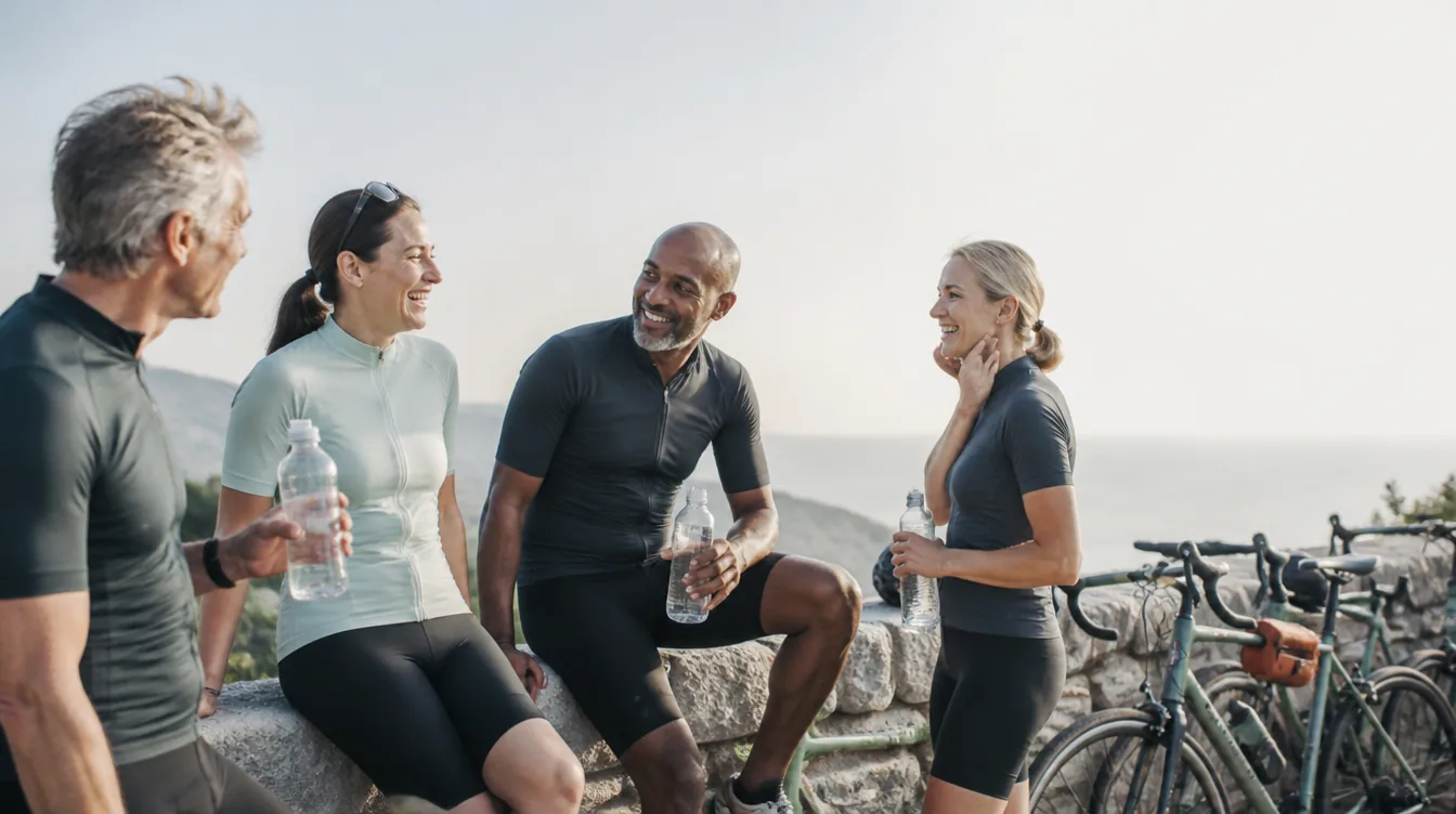 A small cycling group of four adults in their 30s–60s paused at a scenic overlook rest stop, helmets off, laughing and drinking water, bikes leaning nearby, natural realistic skin