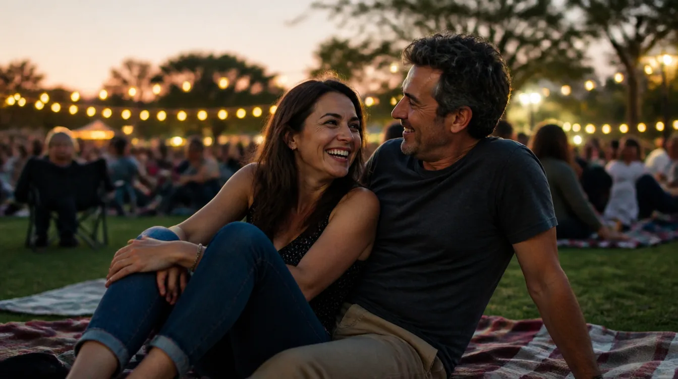A woman in her 40s and a man in his 50s at a bustling outdoor farmers market, examining produce at a stall, canvas tote bags over shoulders, relaxed and smiling, natural realistic skin