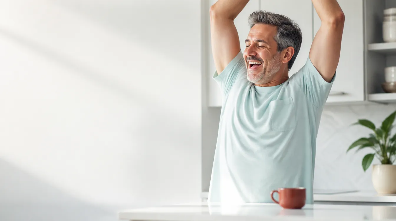 A man in his late 40s with salt-and-pepper hair stretching his arms overhead with a big easy yawn-turned-smile at the start of the day, energized and comfortable, natural realistic skin