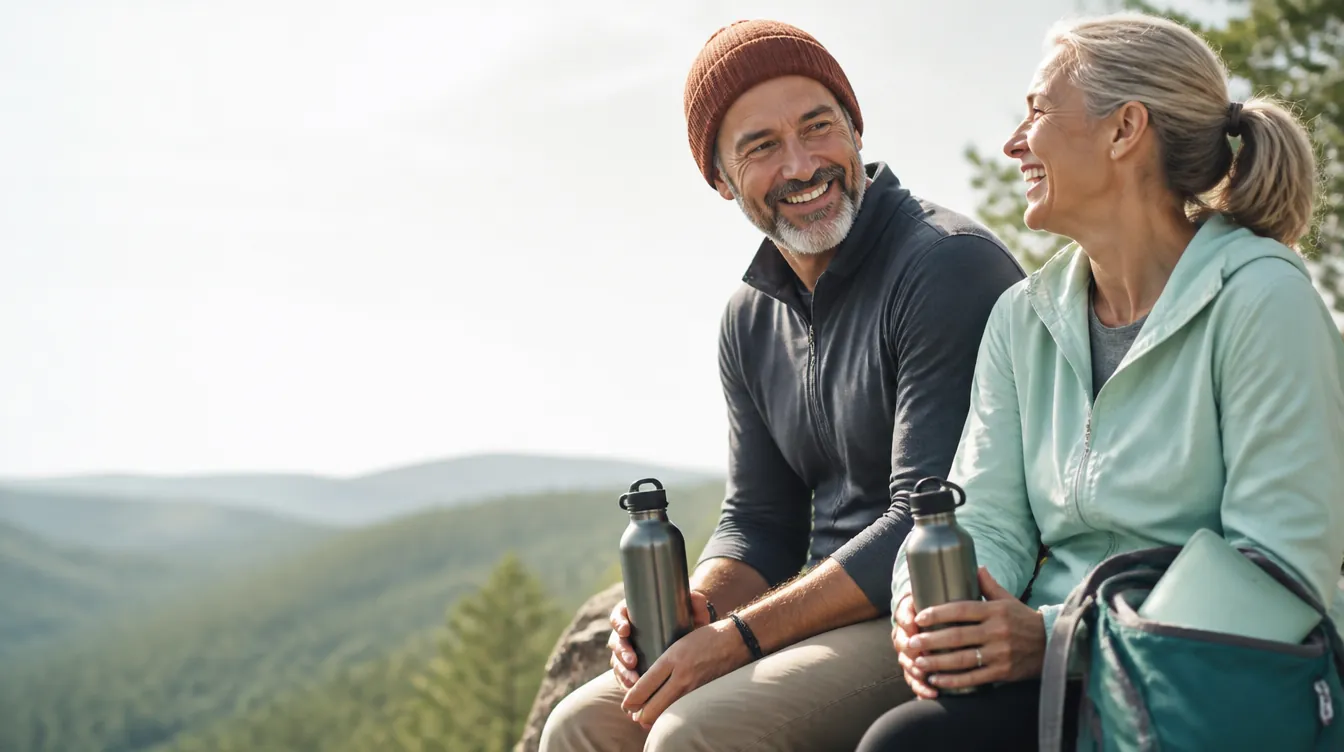 A couple in their 50s on an easy hiking trail overlook, laughing, water bottles