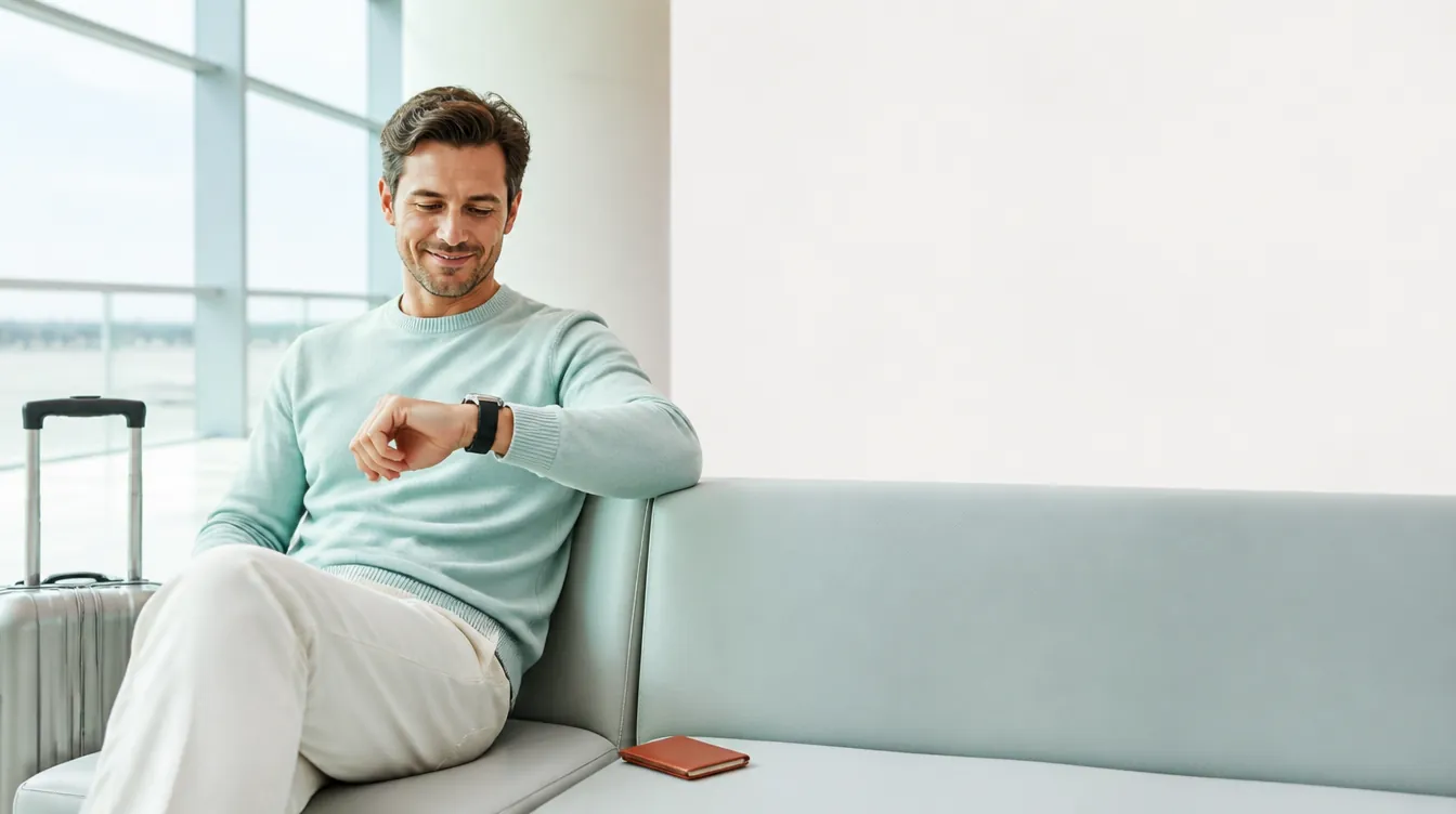 A relaxed man in his late 30s with natural realistic skin seated by tall windows with a carry-on suitcase beside him, checking the time with an easy smile, pale mineral teal sweater