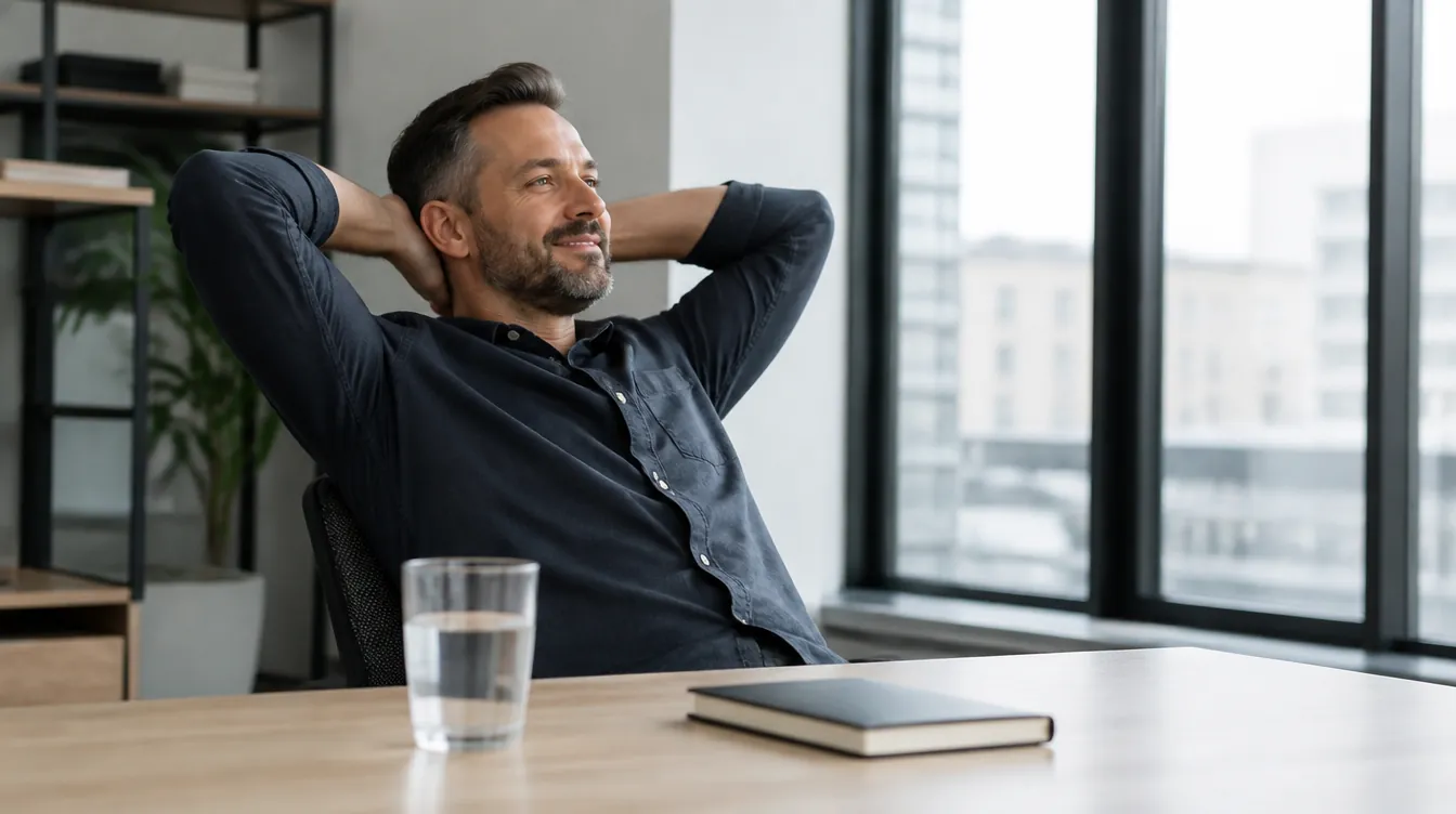A man in his 40s at a bright modern office desk mid-afternoon, leaning back in a satisfied stretch, water glass and closed notebook on the desk, tall windows with soft city daylight