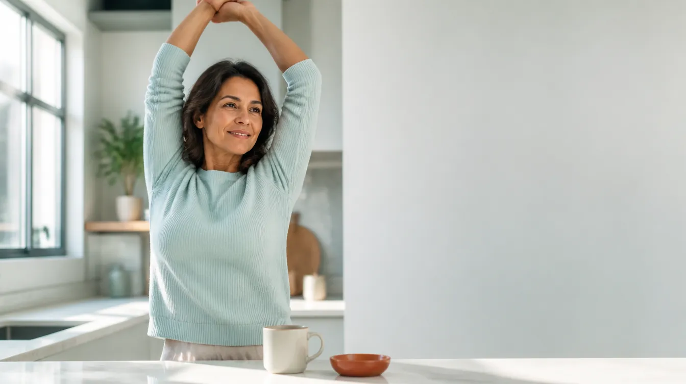 A woman in her mid-40s with medium skin tone standing at a warm near-white kitchen counter, stretching her arms overhead with an easy, energized smile, starting her day, natural realistic skin