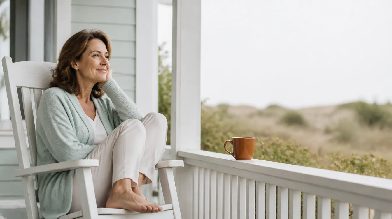 A woman in her mid-40s with natural realistic skin relaxing in a rocking chair with a gentle relieved smile, bare feet tucked under her, pale mineral teal cardigan