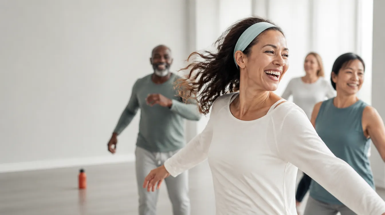 A diverse group of adults in their 30s–50s mid-movement in a bright dance studio, focus on a woman in the foreground laughing through a turn, hair in motion, real skin texture