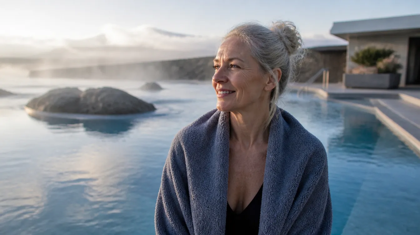 A woman in her 50s at the edge of an outdoor swimming pool after a morning swim, towel over her shoulders, relaxed and energized expression, soft morning light on the water, no products visible
