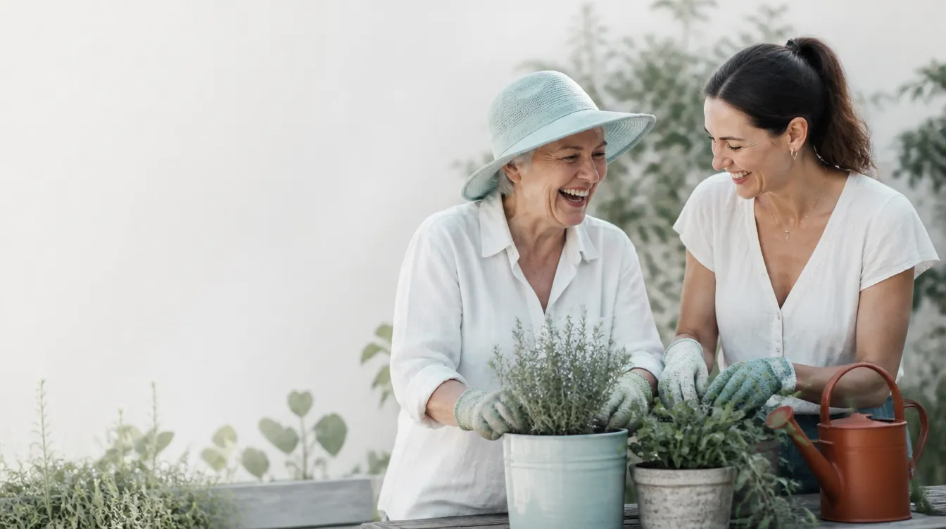 A woman in her early 60s with natural realistic skin laughing while potting herbs alongside her adult daughter, both relaxed and connected, the older woman in a pale mineral teal sun hat