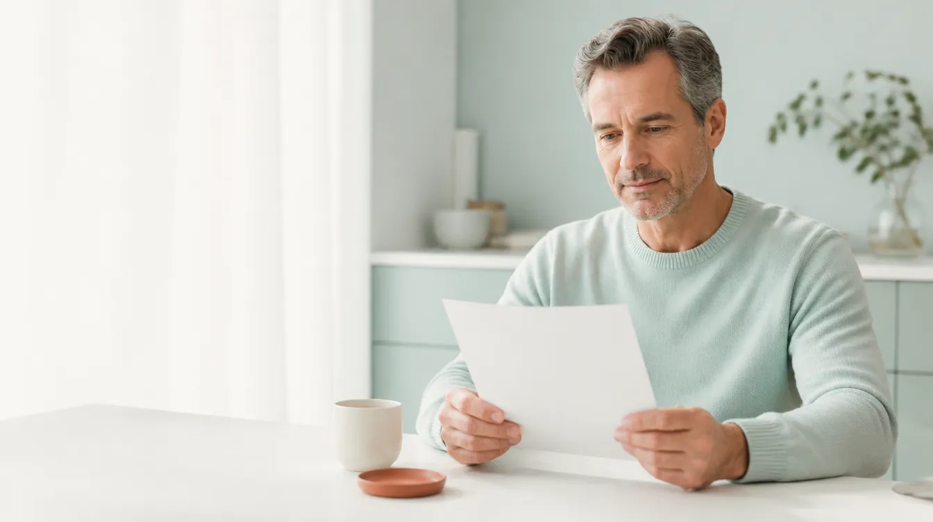 A man in his late 40s with light skin and gray-flecked hair sitting relaxed at a warm near-white table reading a completely blank unmarked sheet of paper, calm thoughtful expression