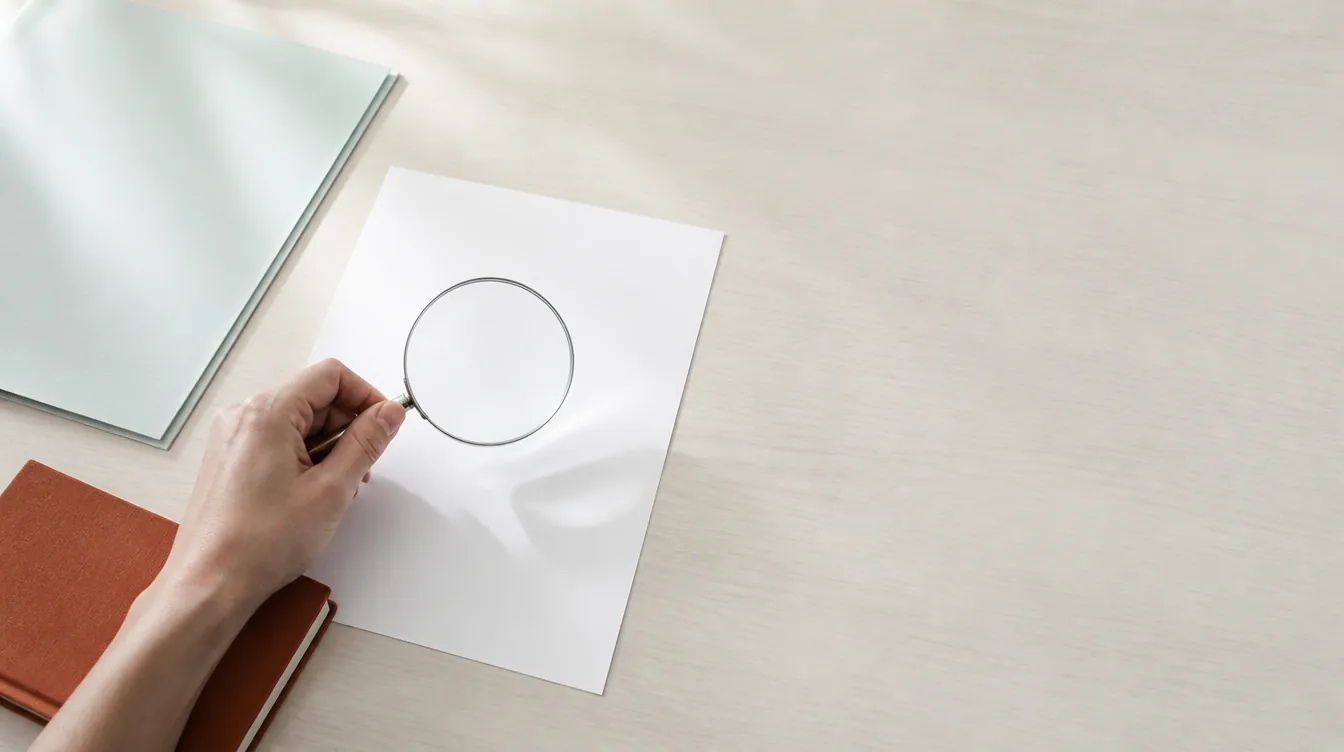 A hand holding a magnifying glass over a blank document on a bright desk, with a rust notebook and pale teal folder nearby