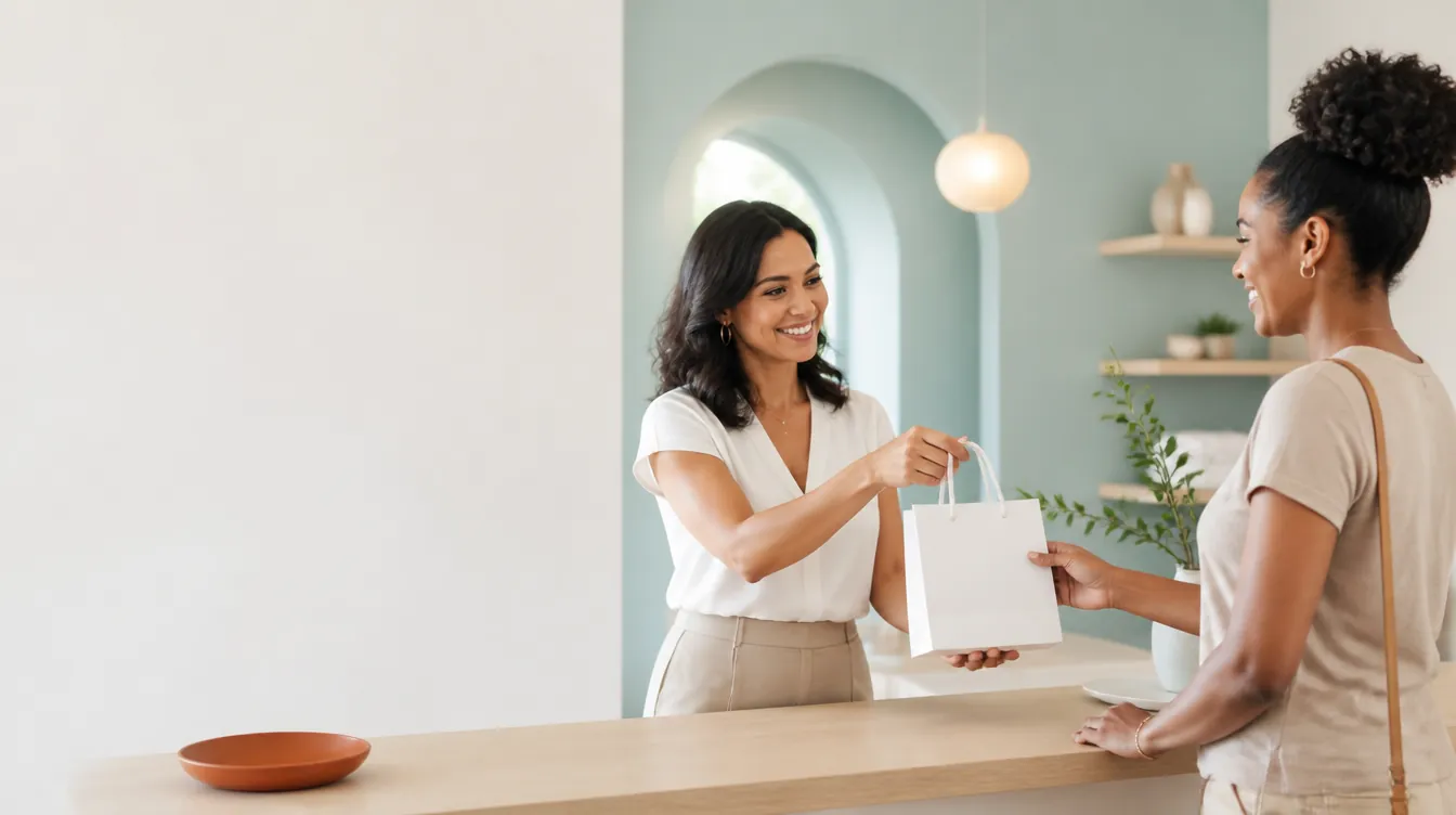A warm med-spa front-desk moment — a wellness studio owner in smart casual attire handing a small plain matte near-white bag across a light-oak retail counter to a smiling client