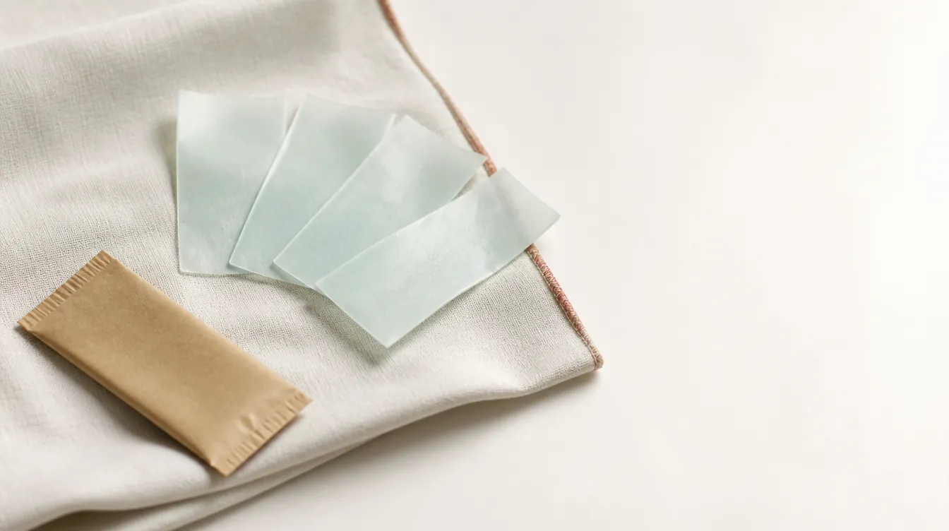 Four translucent dissolving strips fanned on a folded linen cloth beside a plain kraft packet