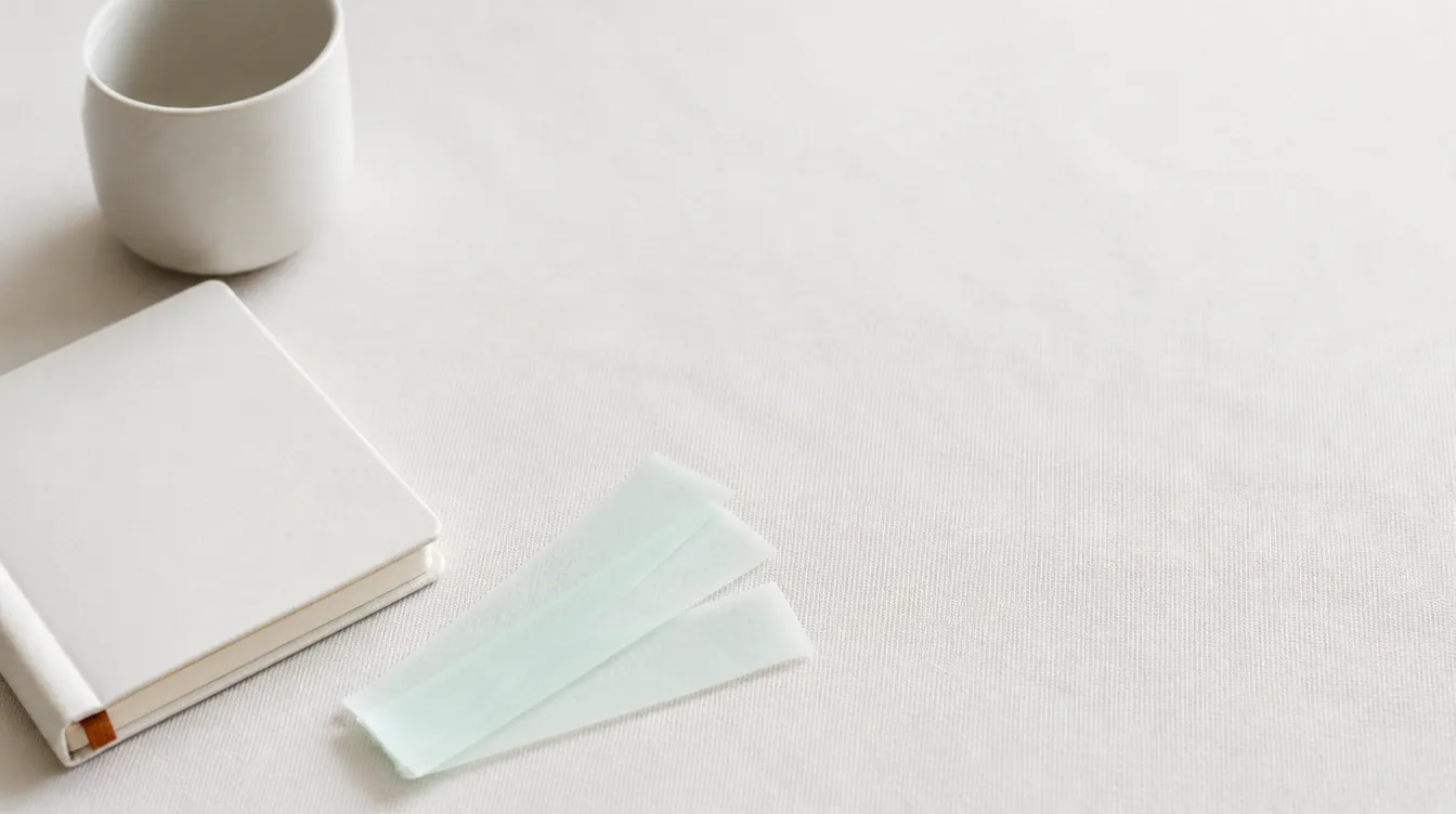 Two pale translucent strips beside a white notebook and ceramic cup on a light linen table