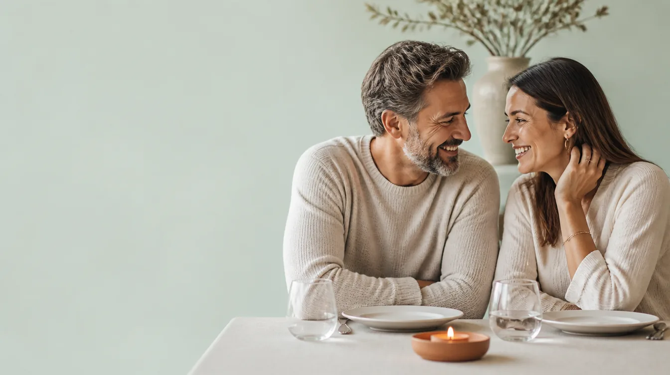 A fully clothed couple in their 40s at a candlelit dinner table at home, leaning toward each other and laughing gently, warm genuine connection, both fully dressed in relaxed elegant casual clothing