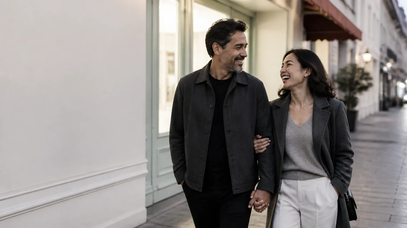 A couple in their early 40s walking together along a quiet city sidewalk in the evening, hands linked, the man saying something that makes his partner laugh