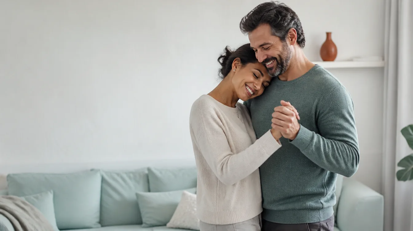 A couple in their late 30s slow-dancing in a living room at dusk, captured mid-laugh, genuine relaxed smiles, tasteful and fully clothed