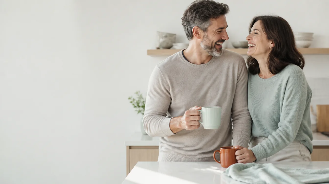 A couple in their 40s with natural realistic skin standing close at a sunlit kitchen counter, both fully clothed in casual neutral clothing, laughing warmly together over coffee