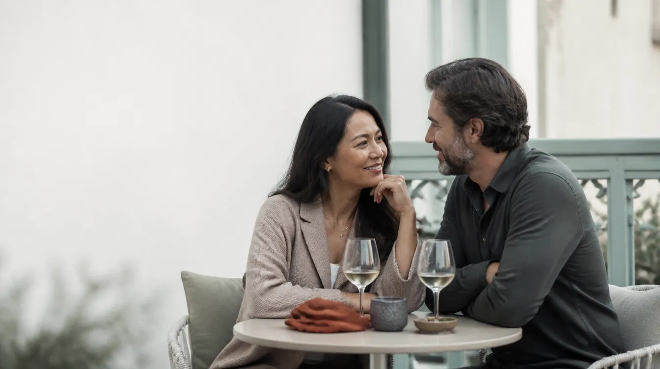 A couple in their 40s seated across a small outdoor terrace table, leaning in toward each other, mid-conversation with easy smiles, wine glasses on